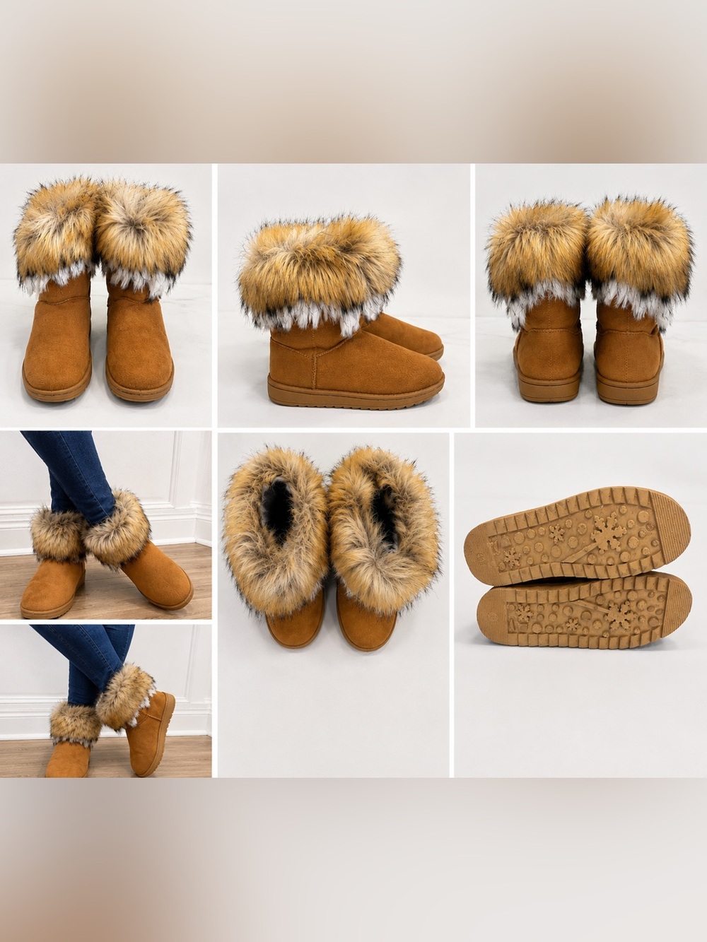 Women's Faux Suede Fur-Trim Winter Boots - Tan.